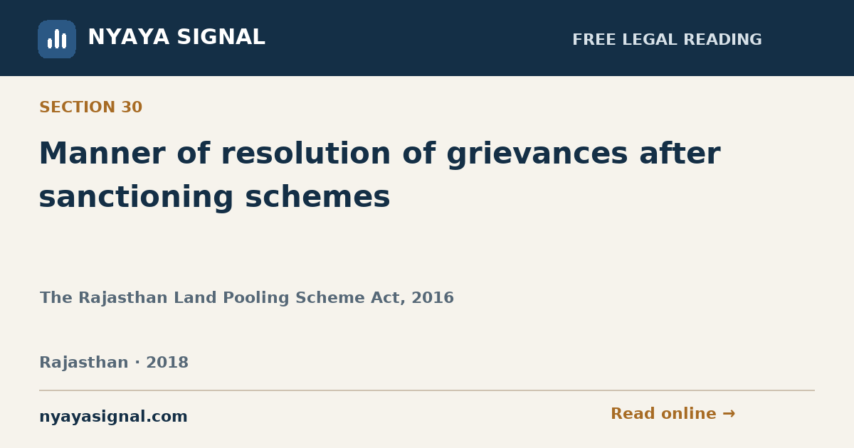 Section 30 — Manner of resolution of grievances after sanctioning schemes | The Rajasthan Land Pooling Scheme Act, 2016 | NYAYA SIGNAL