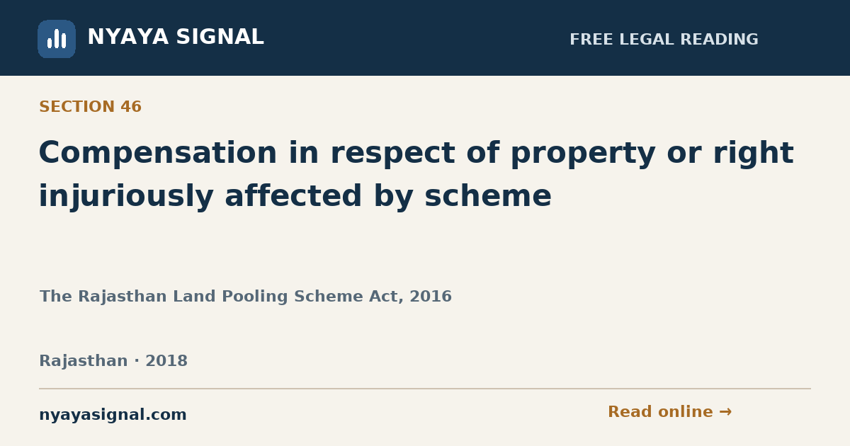 Section 46 — Compensation in respect of property or right injuriously affected by scheme | The Rajasthan Land Pooling Scheme Act, 2016 | NYAYA SIGNAL