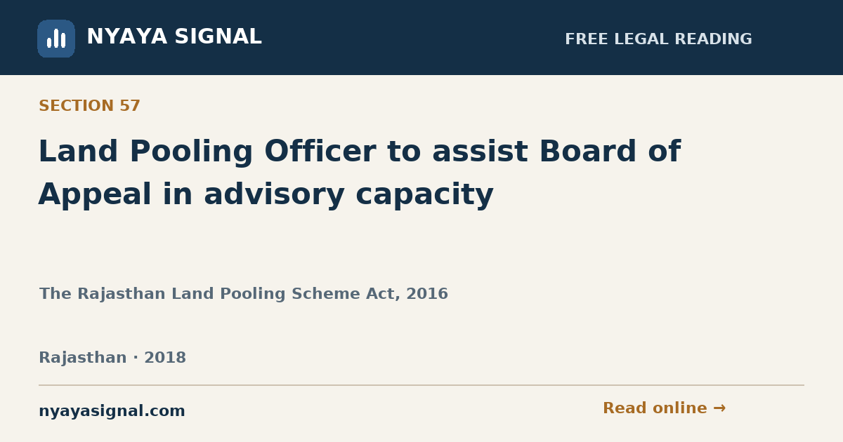 Section 57 — Land Pooling Officer to assist Board of Appeal in advisory capacity | The Rajasthan Land Pooling Scheme Act, 2016 | NYAYA SIGNAL