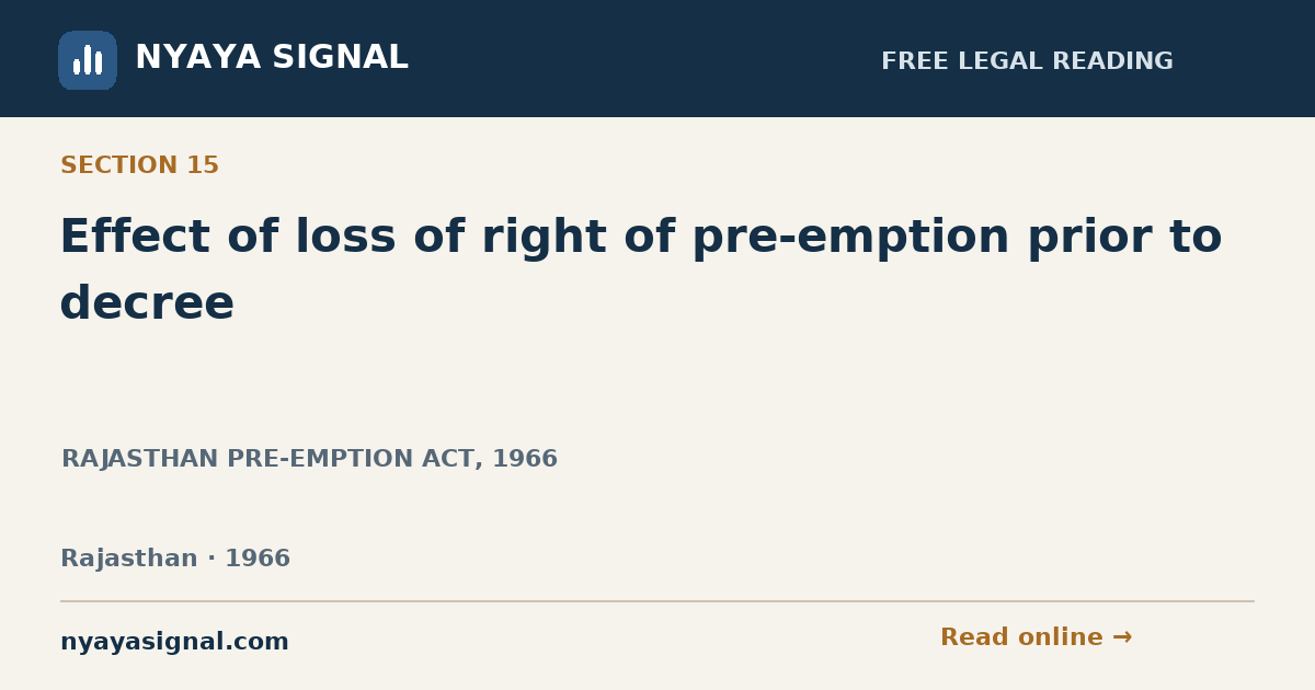 Section 15 — Effect of loss of right of pre-emption prior to decree | RAJASTHAN PRE-EMPTION ACT, 1966 | NYAYA SIGNAL