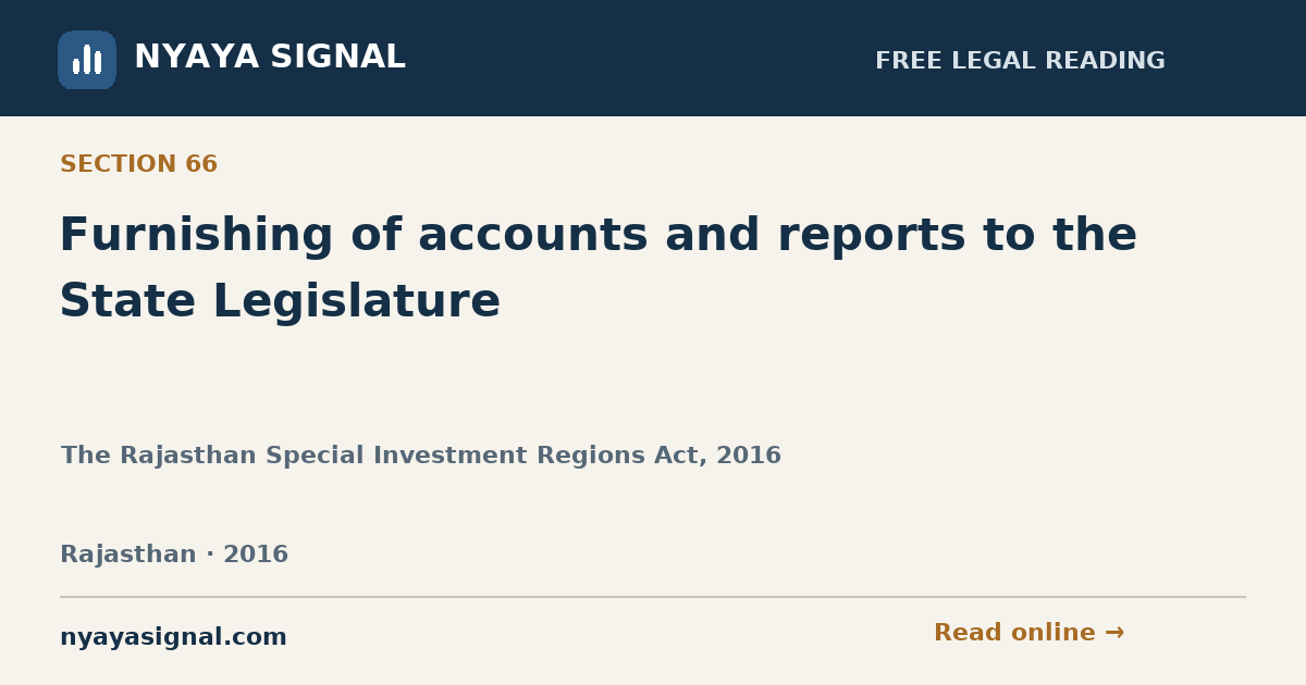Section 66 — Furnishing of accounts and reports to the State Legislature | The Rajasthan Special Investment Regions Act, 2016 | NYAYA SIGNAL