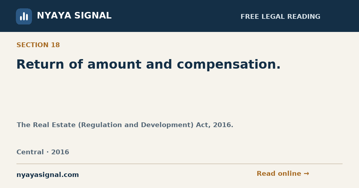 Section 18 — Return of amount and compensation. | The Real Estate (Regulation and Development) Act, 2016. | NYAYA SIGNAL