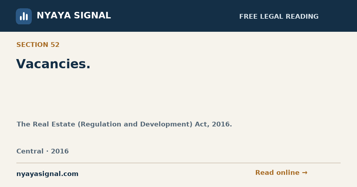 Section 52 — Vacancies. | The Real Estate (Regulation and Development) Act, 2016. | NYAYA SIGNAL