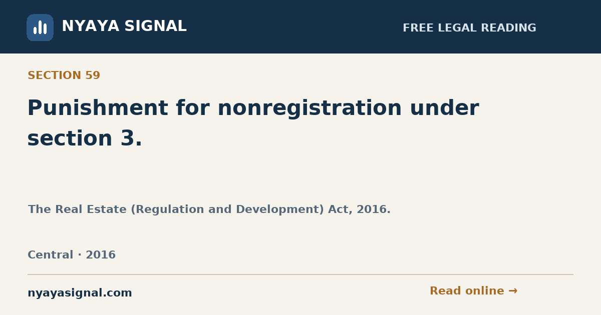 Section 59 — Punishment for nonregistration under section 3. | The Real Estate (Regulation and Development) Act, 2016. | NYAYA SIGNAL