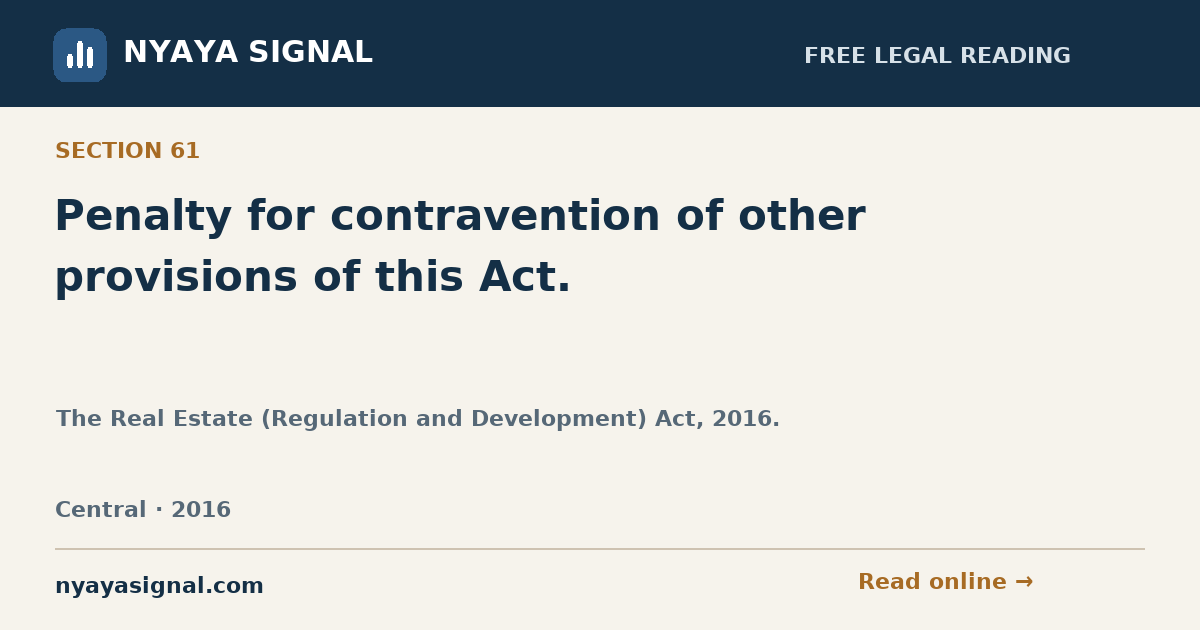Section 61 — Penalty for contravention of other provisions of this Act. | The Real Estate (Regulation and Development) Act, 2016. | NYAYA SIGNAL