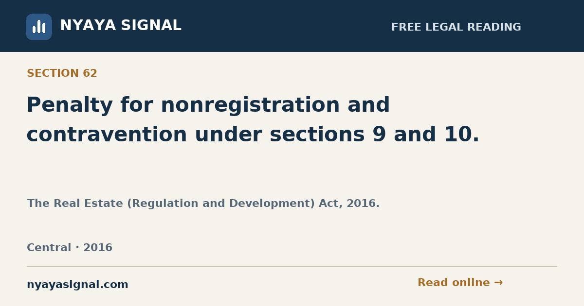 Section 62 — Penalty for nonregistration and contravention under sections 9 and 10. | The Real Estate (Regulation and Development) Act, 2016. | NYAYA SIGNAL