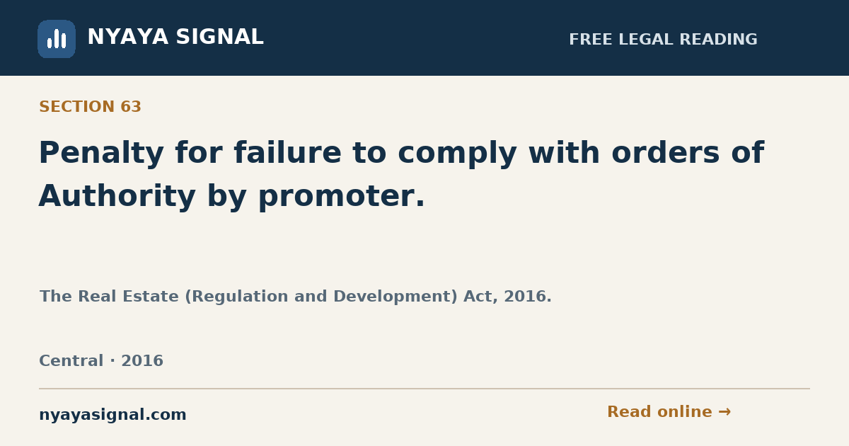 Section 63 — Penalty for failure to comply with orders of Authority by promoter. | The Real Estate (Regulation and Development) Act, 2016. | NYAYA SIGNAL