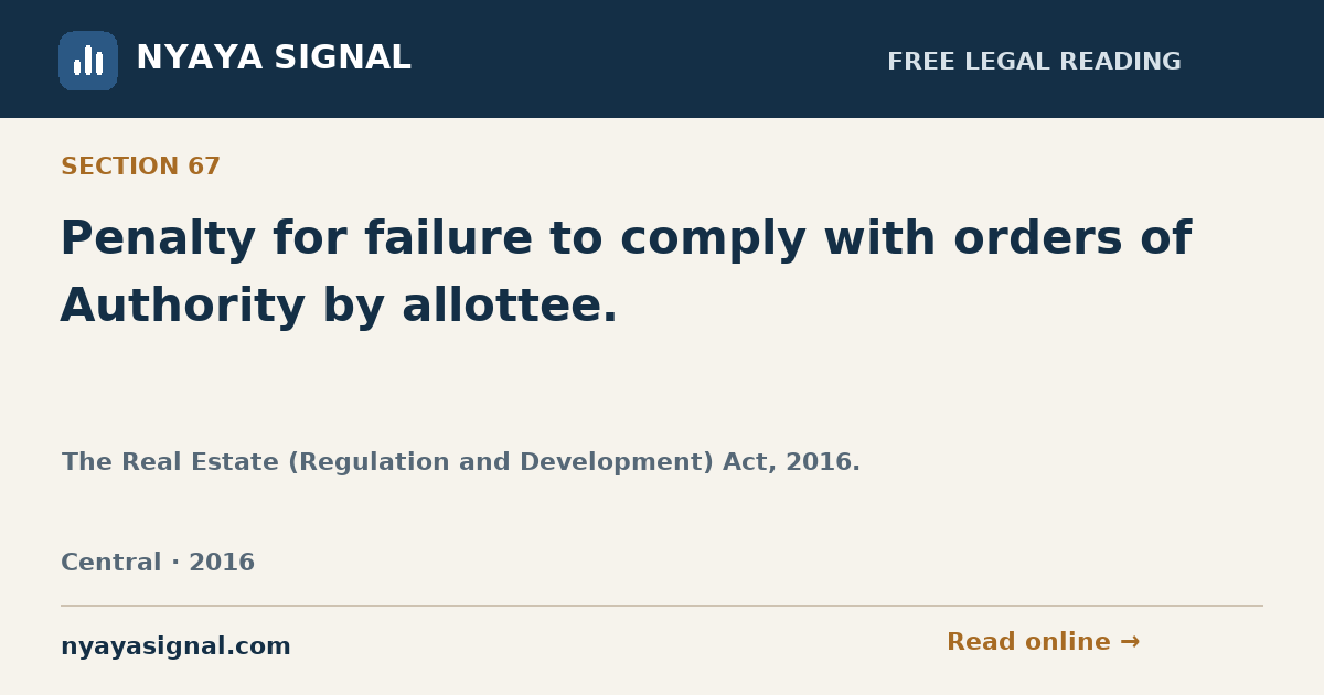 Section 67 — Penalty for failure to comply with orders of Authority by allottee. | The Real Estate (Regulation and Development) Act, 2016. | NYAYA SIGNAL
