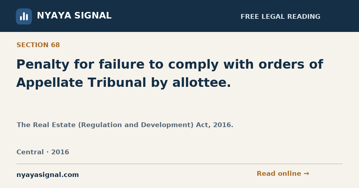 Section 68 — Penalty for failure to comply with orders of Appellate Tribunal by allottee. | The Real Estate (Regulation and Development) Act, 2016. | NYAYA SIGNAL
