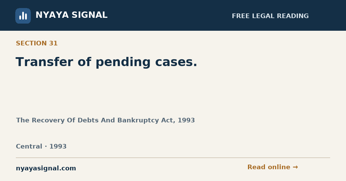 Section 31 — Transfer of pending cases. | The Recovery Of Debts And Bankruptcy Act, 1993 | NYAYA SIGNAL