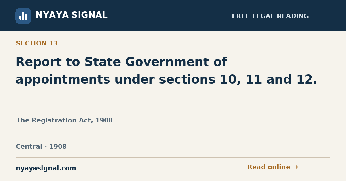 Section 13 — Report to State Government of appointments under sections 10, 11 and 12. | The Registration Act, 1908 | NYAYA SIGNAL