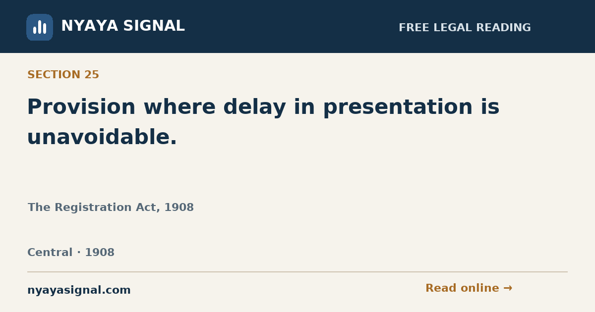 Section 25 — Provision where delay in presentation is unavoidable. | The Registration Act, 1908 | NYAYA SIGNAL