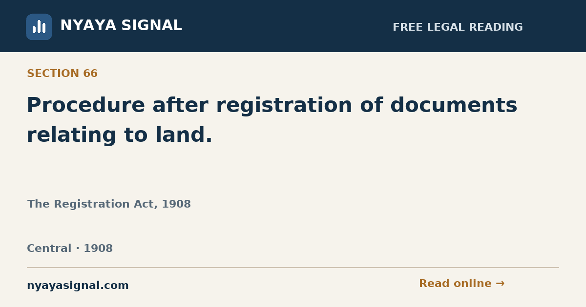 Section 66 — Procedure after registration of documents relating to land. | The Registration Act, 1908 | NYAYA SIGNAL