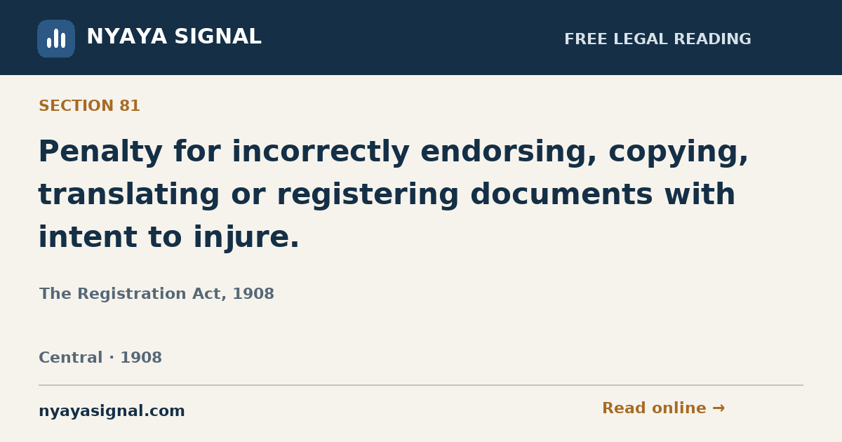 Section 81 — Penalty for incorrectly endorsing, copying, translating or registering documents with intent to injure. | The Registration Act, 1908 | NYAYA SIGNAL