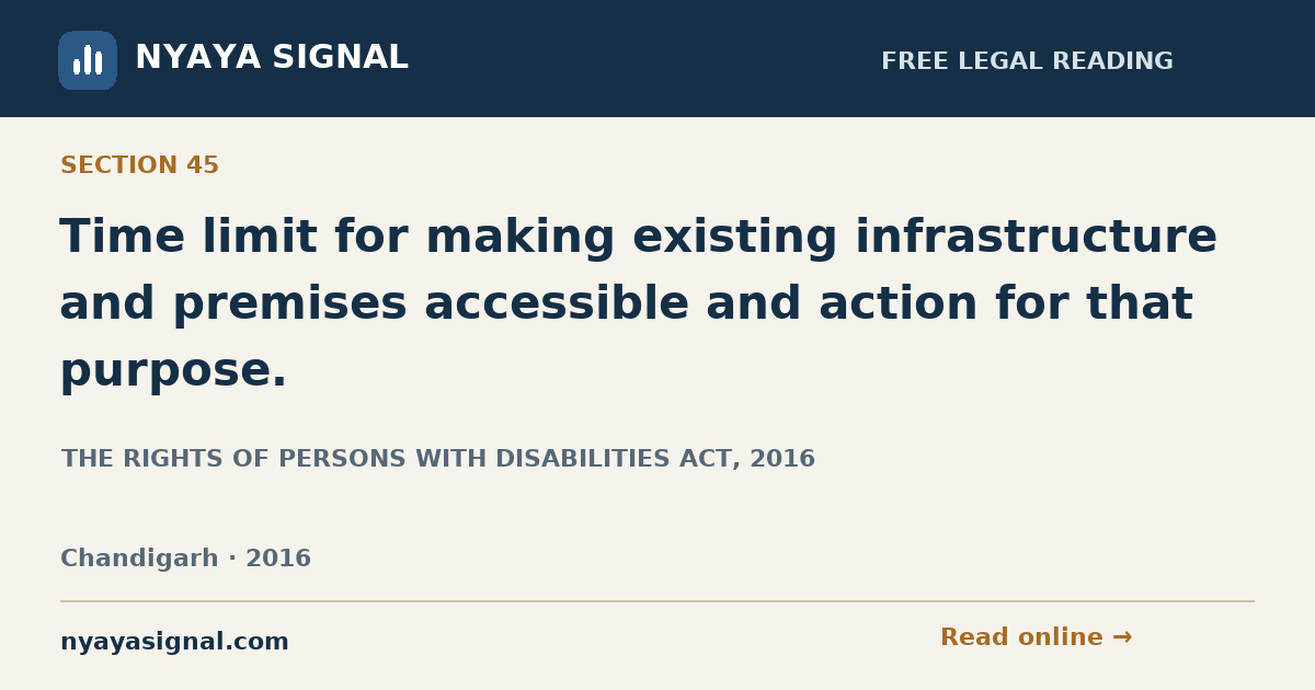 Section 45 — Time limit for making existing infrastructure and premises accessible and action for that purpose. | THE RIGHTS OF PERSONS WITH DISABILITIES ACT, 2016 | NYAYA SIGNAL