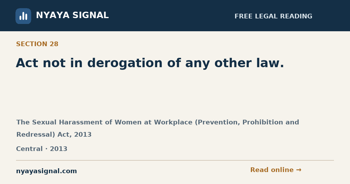 Section 28 — Act not in derogation of any other law. | The Sexual Harassment of Women at Workplace (Prevention, Prohibition and Redressal) Act, 2013 | NYAYA SIGNAL