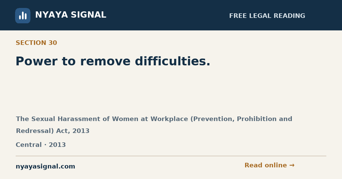 Section 30 — Power to remove difficulties. | The Sexual Harassment of Women at Workplace (Prevention, Prohibition and Redressal) Act, 2013 | NYAYA SIGNAL