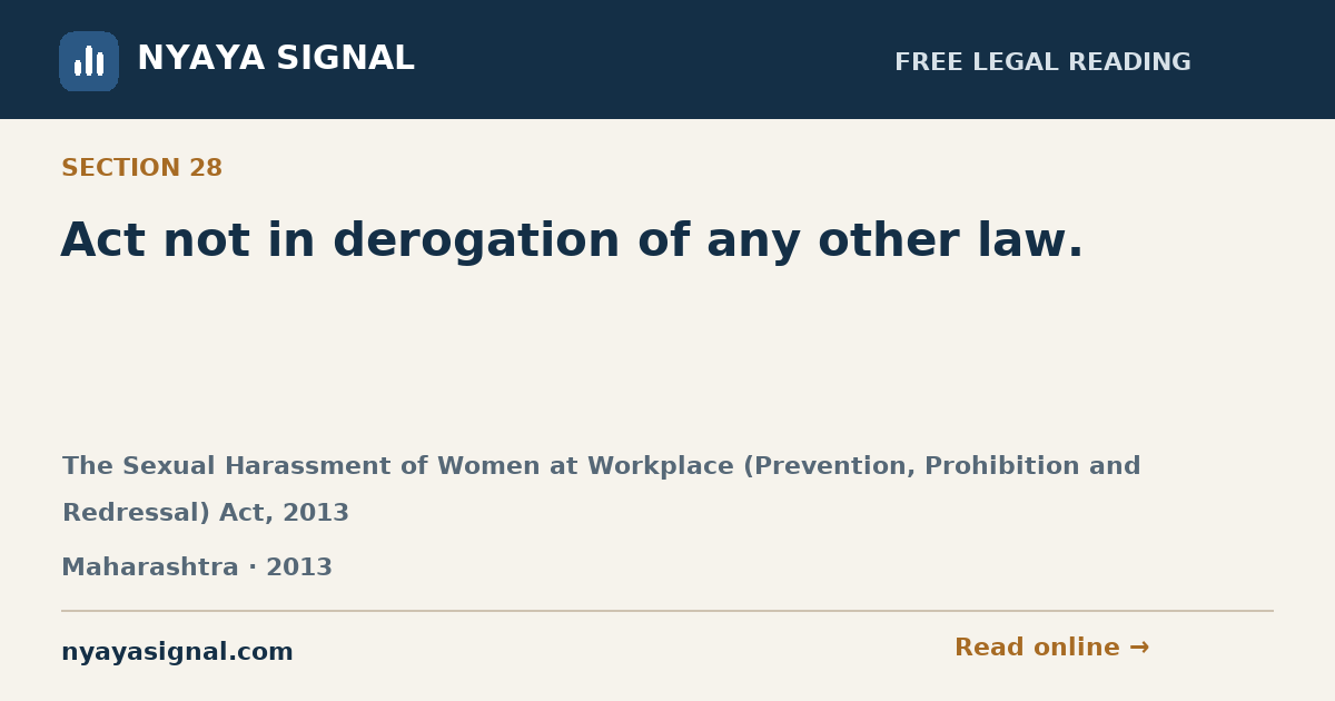 Section 28 — Act not in derogation of any other law. | The Sexual Harassment of Women at Workplace (Prevention, Prohibition and Redressal) Act, 2013 | NYAYA SIGNAL