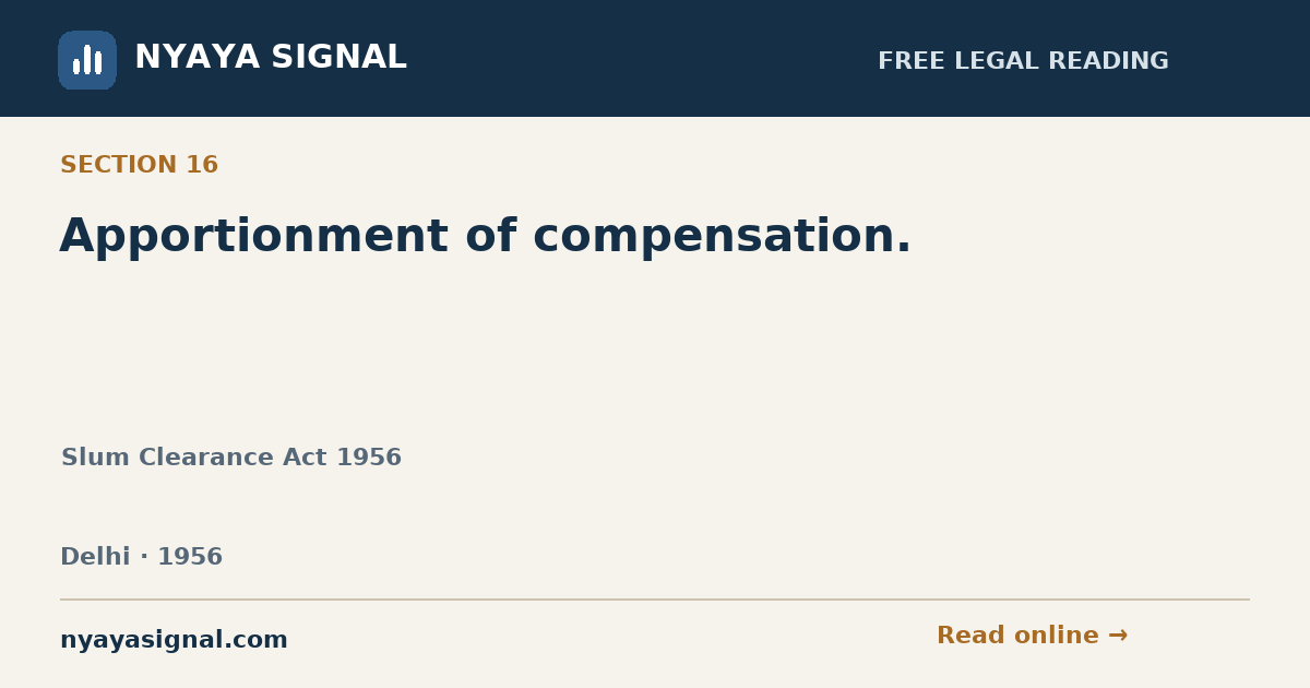 Section 16 — Apportionment of compensation. | Slum Clearance Act 1956 | NYAYA SIGNAL