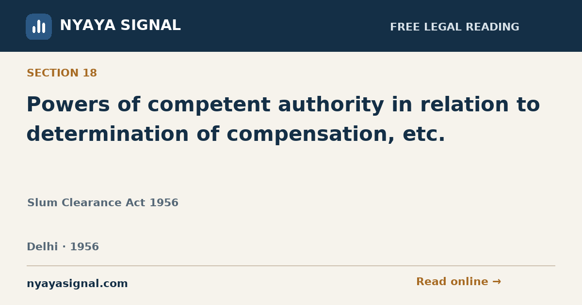 Section 18 — Powers of competent authority in relation to determination of compensation, etc. | Slum Clearance Act 1956 | NYAYA SIGNAL