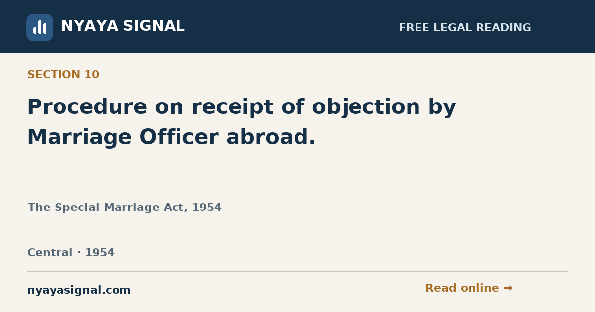 Section 10 — Procedure on receipt of objection by Marriage Officer abroad. | The Special Marriage Act, 1954 | NYAYA SIGNAL