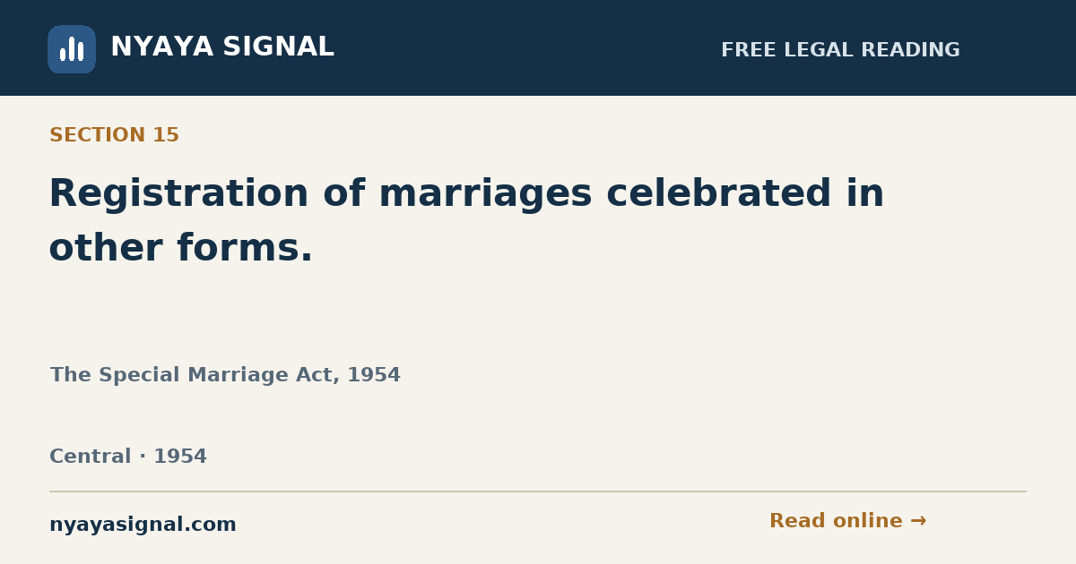 Section 15 — Registration of marriages celebrated in other forms. | The Special Marriage Act, 1954 | NYAYA SIGNAL