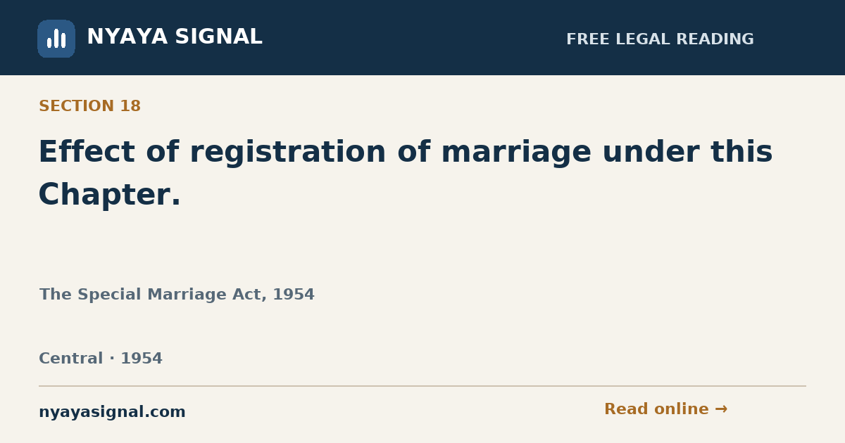 Section 18 — Effect of registration of marriage under this Chapter. | The Special Marriage Act, 1954 | NYAYA SIGNAL