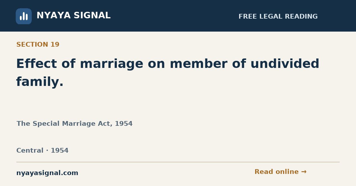 Section 19 — Effect of marriage on member of undivided family. | The Special Marriage Act, 1954 | NYAYA SIGNAL