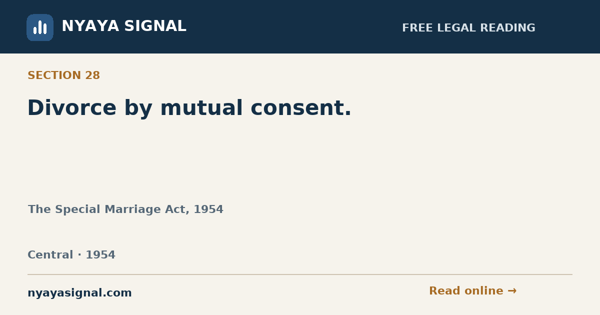 Section 28 — Divorce by mutual consent. | The Special Marriage Act, 1954 | NYAYA SIGNAL