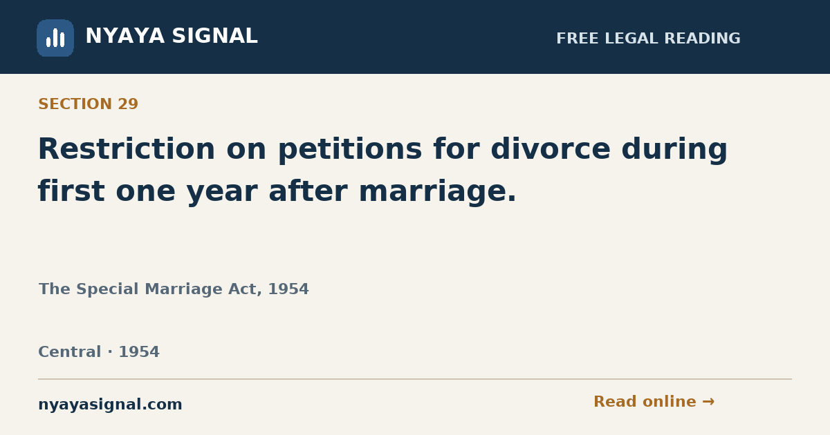 Section 29 — Restriction on petitions for divorce during first one year after marriage. | The Special Marriage Act, 1954 | NYAYA SIGNAL
