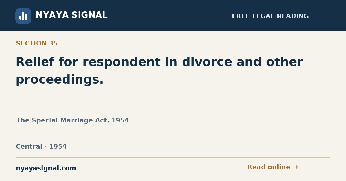 Section 35 — Relief for respondent in divorce and other proceedings. | The Special Marriage Act, 1954 | NYAYA SIGNAL
