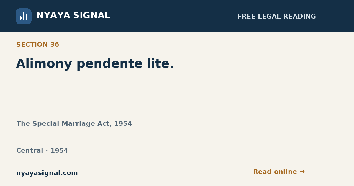 Section 36 — Alimony pendente lite. | The Special Marriage Act, 1954 | NYAYA SIGNAL