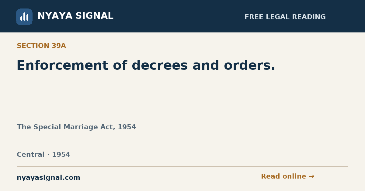 Section 39A — Enforcement of decrees and orders. | The Special Marriage Act, 1954 | NYAYA SIGNAL
