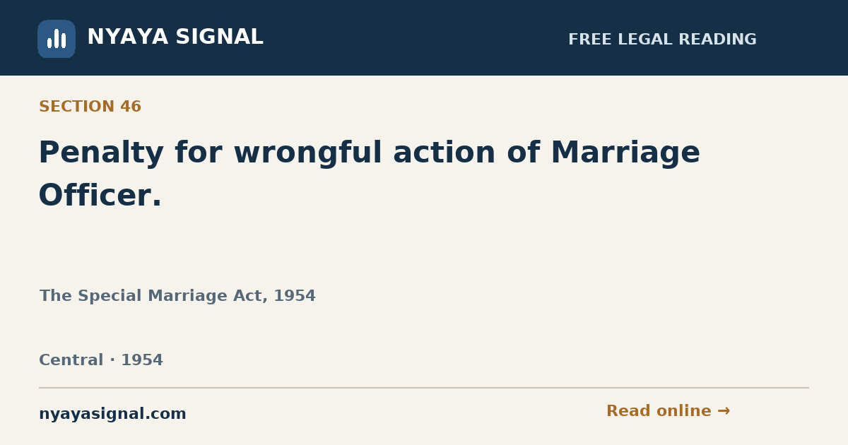 Section 46 — Penalty for wrongful action of Marriage Officer. | The Special Marriage Act, 1954 | NYAYA SIGNAL