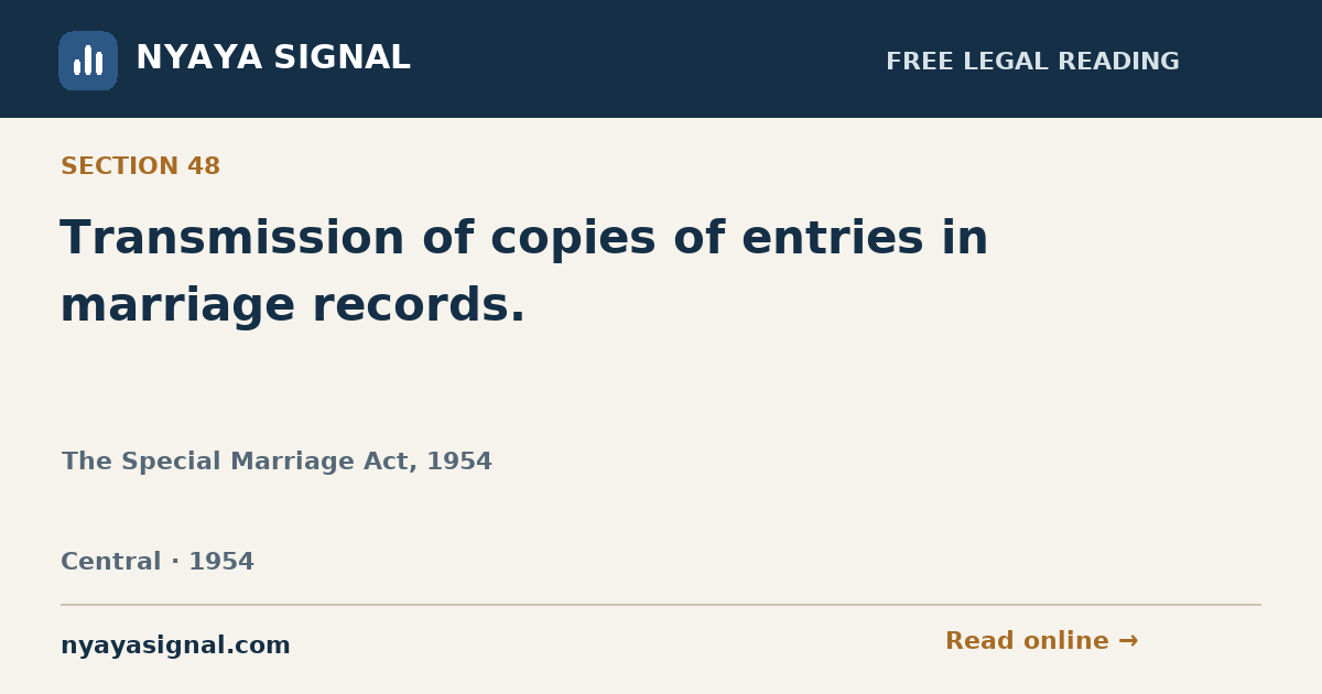 Section 48 — Transmission of copies of entries in marriage records. | The Special Marriage Act, 1954 | NYAYA SIGNAL