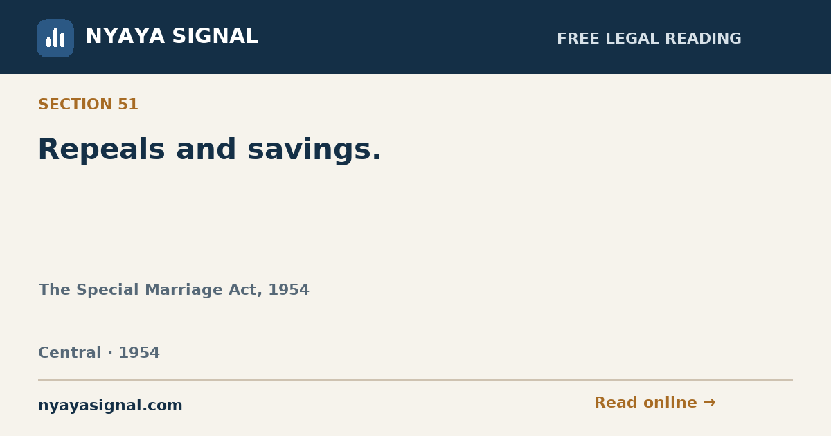 Section 51 — Repeals and savings. | The Special Marriage Act, 1954 | NYAYA SIGNAL