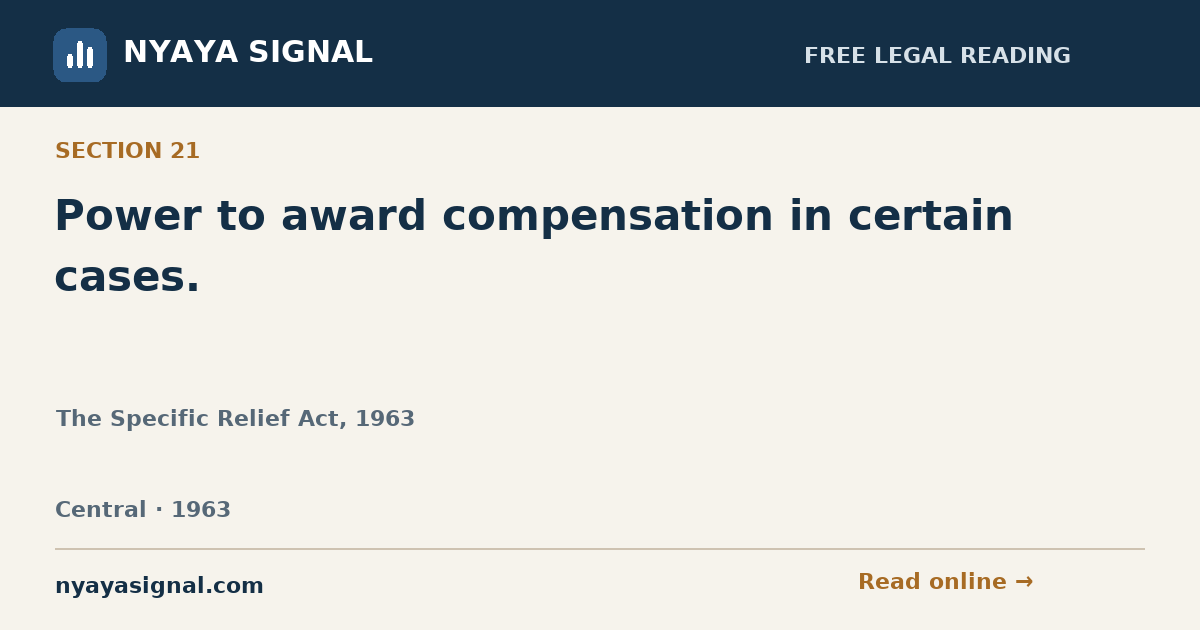 Section 21 — Power to award compensation in certain cases. | The Specific Relief Act, 1963 | NYAYA SIGNAL