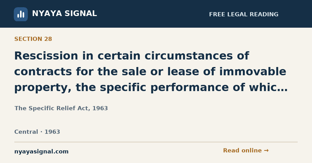 Section 28 — Rescission in certain circumstances of contracts for the sale or lease of immovable property, the specific performance of which has been decreed. | The Specific Relief Act, 1963 | NYAYA SIGNAL