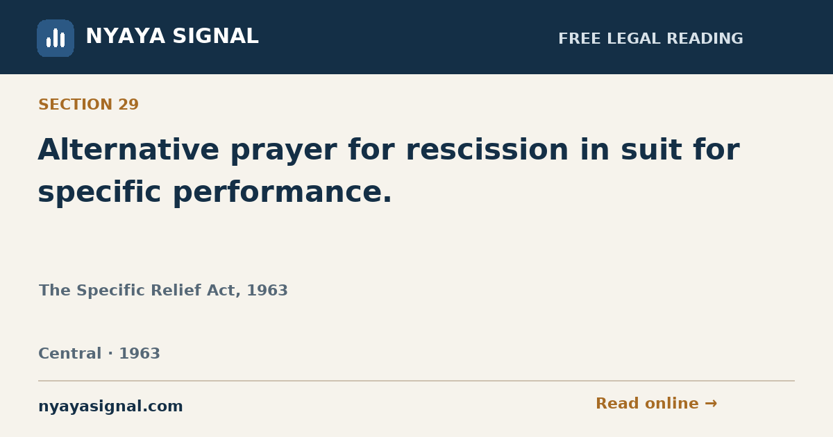 Section 29 — Alternative prayer for rescission in suit for specific performance. | The Specific Relief Act, 1963 | NYAYA SIGNAL