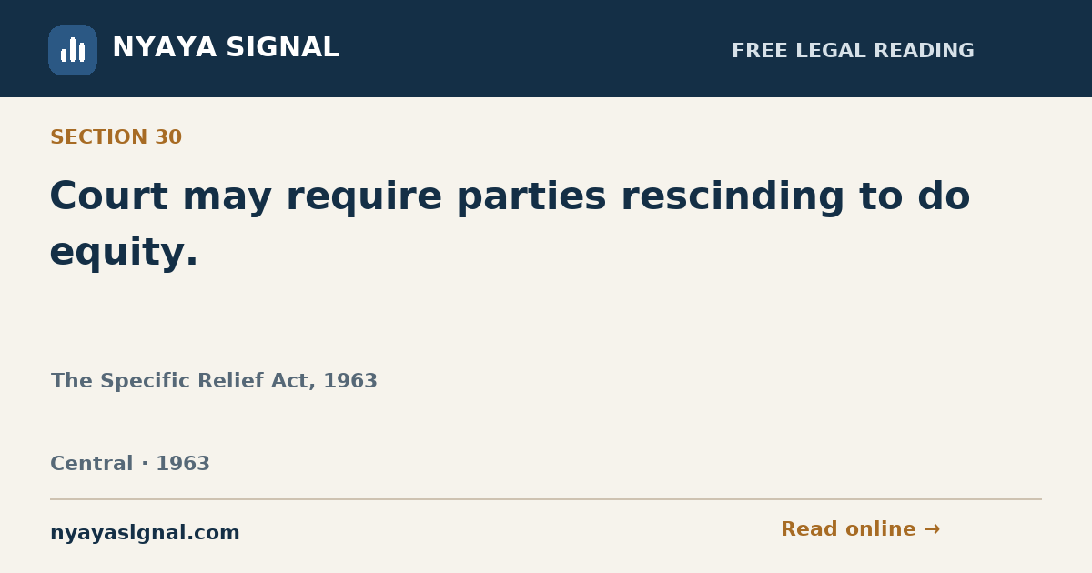Section 30 — Court may require parties rescinding to do equity. | The Specific Relief Act, 1963 | NYAYA SIGNAL