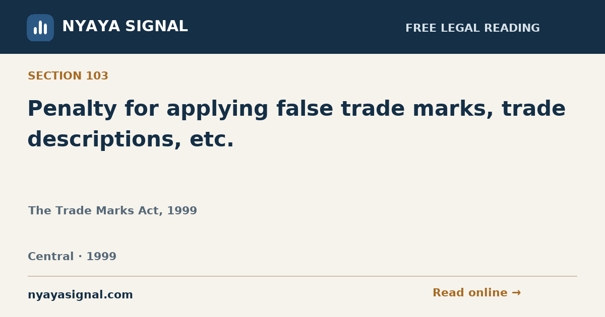 Section 103 — Penalty for applying false trade marks, trade descriptions, etc. | The Trade Marks Act, 1999 | NYAYA SIGNAL