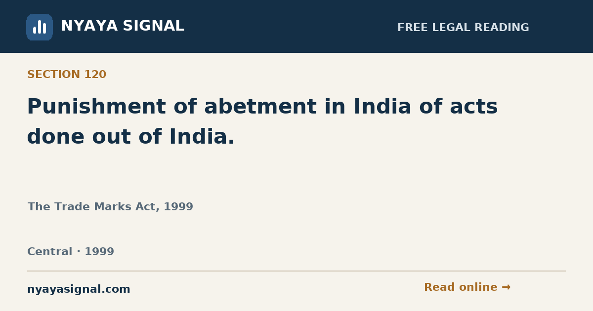 Section 120 — Punishment of abetment in India of acts done out of India. | The Trade Marks Act, 1999 | NYAYA SIGNAL