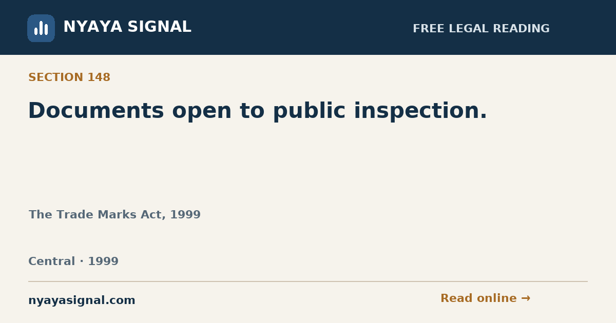 Section 148 — Documents open to public inspection. | The Trade Marks Act, 1999 | NYAYA SIGNAL