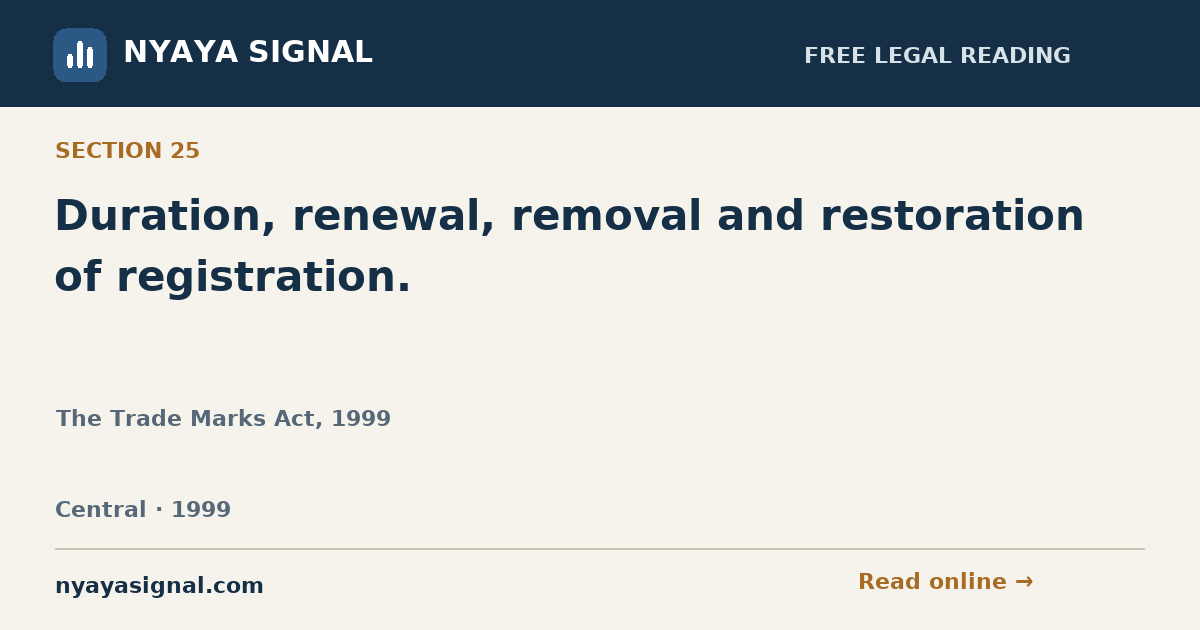 Section 25 — Duration, renewal, removal and restoration of registration. | The Trade Marks Act, 1999 | NYAYA SIGNAL