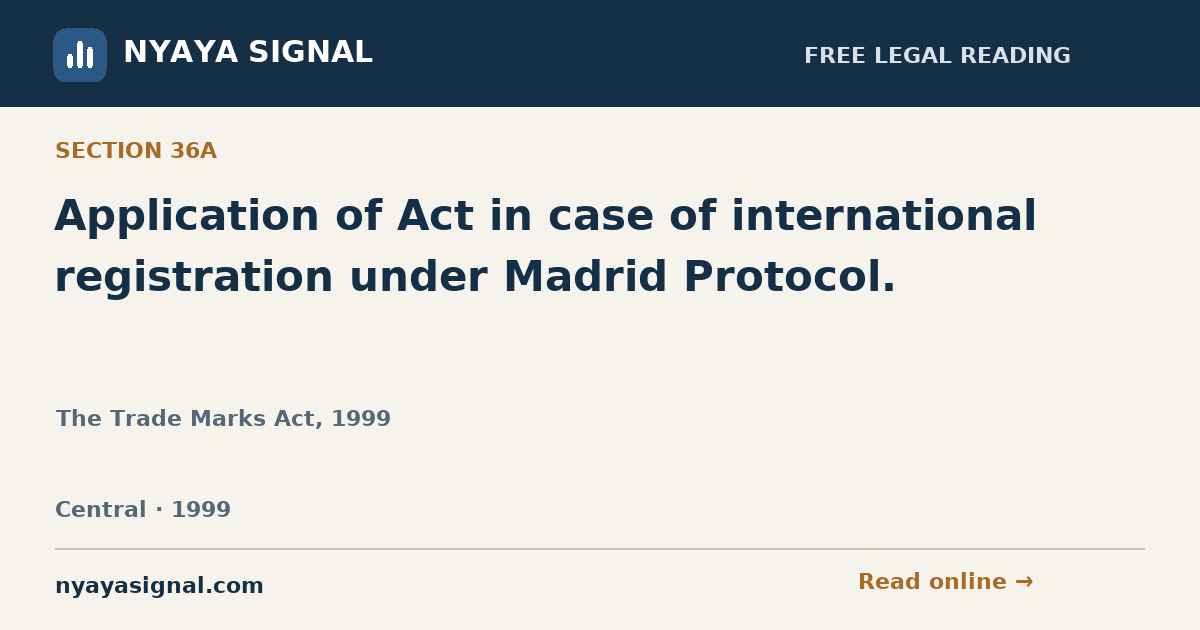 Section 36A — Application of Act in case of international registration under Madrid Protocol. | The Trade Marks Act, 1999 | NYAYA SIGNAL