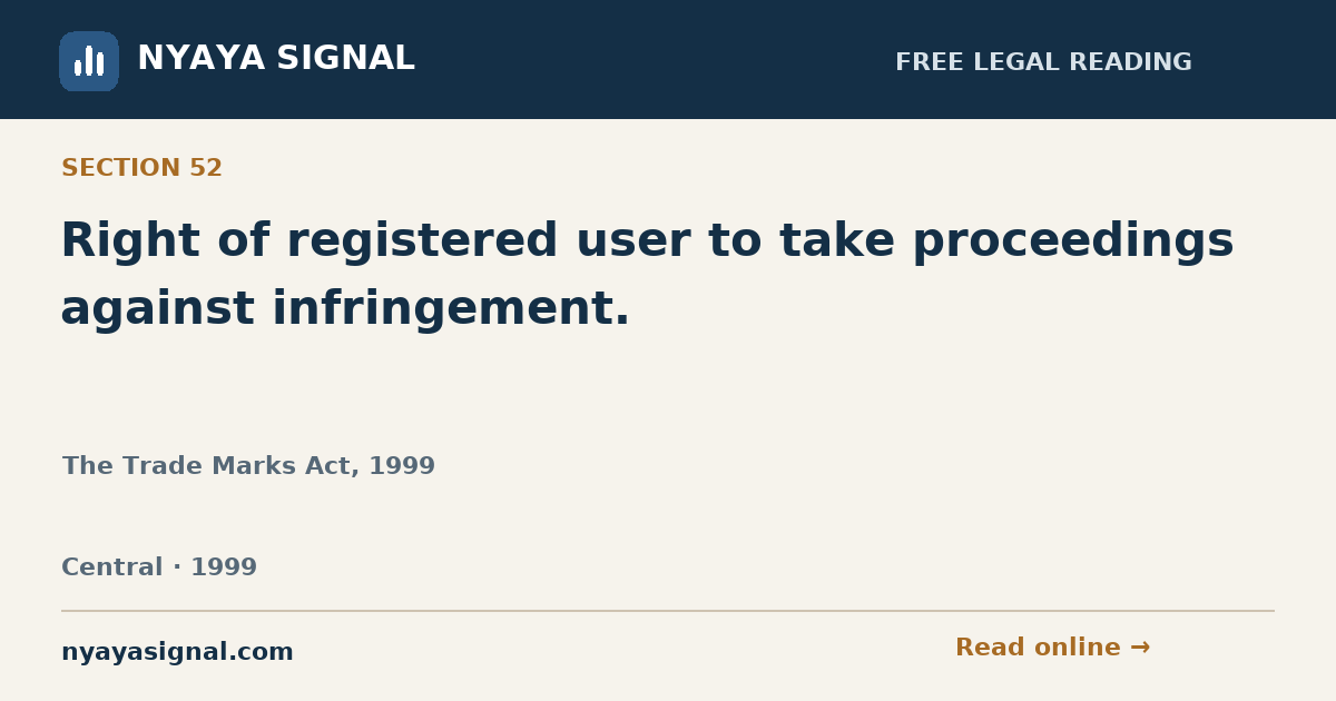 Section 52 — Right of registered user to take proceedings against infringement. | The Trade Marks Act, 1999 | NYAYA SIGNAL