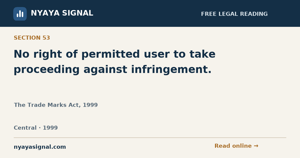 Section 53 — No right of permitted user to take proceeding against infringement. | The Trade Marks Act, 1999 | NYAYA SIGNAL