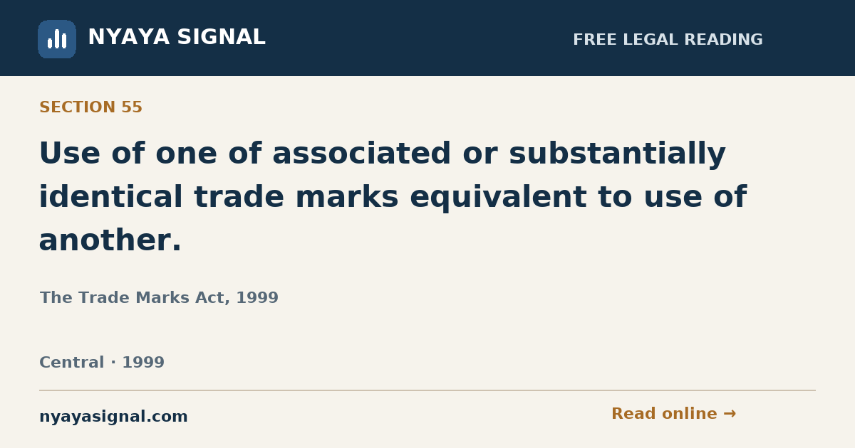Section 55 — Use of one of associated or substantially identical trade marks equivalent to use of another. | The Trade Marks Act, 1999 | NYAYA SIGNAL