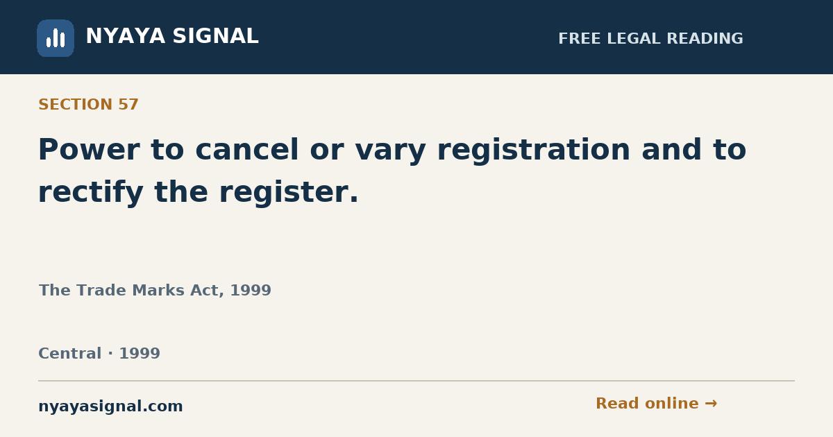 Section 57 — Power to cancel or vary registration and to rectify the register. | The Trade Marks Act, 1999 | NYAYA SIGNAL