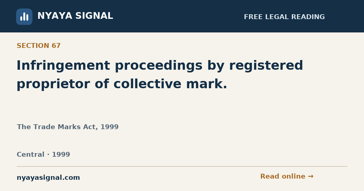 Section 67 — Infringement proceedings by registered proprietor of collective mark. | The Trade Marks Act, 1999 | NYAYA SIGNAL